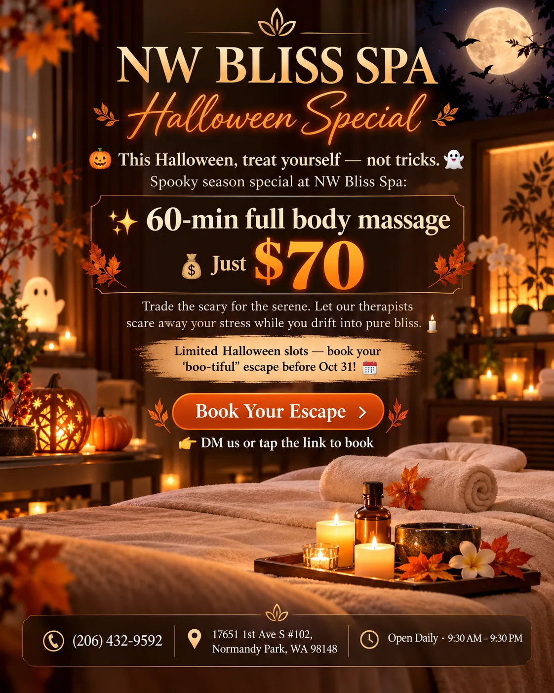 NW Bliss Spa Halloween Special - 60-minute full body massage just $70